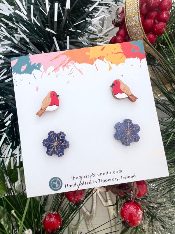 Christmas Robin and Snowflake Stud Earring Pack