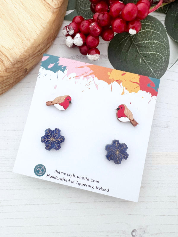 Christmas Robin and Snowflake Stud Earring Pack