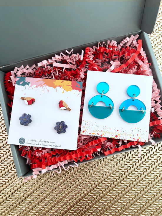 Jewellery Gift Set | Christmas Robin, Snowflake Studs & Blue Disc Earrings