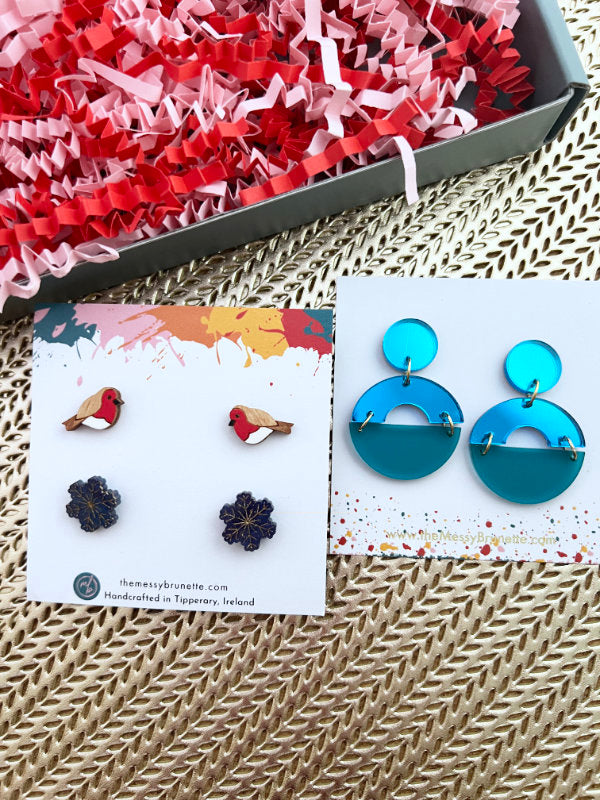 Jewellery Gift Set | Christmas Robin, Snowflake Studs & Blue Disc Earrings
