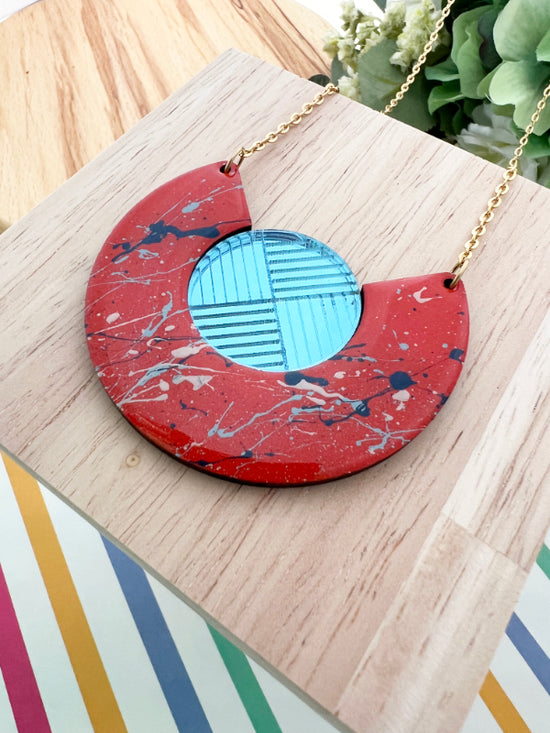 Vivid Orange and Blue Paint Splash Necklace Hand-Painted Wooden