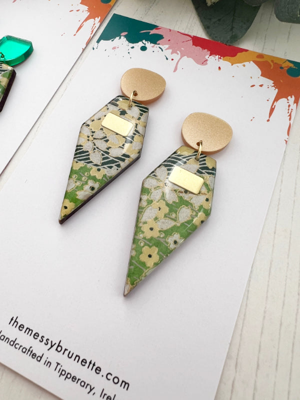 Gold & Green Little Flower Drop Earrings