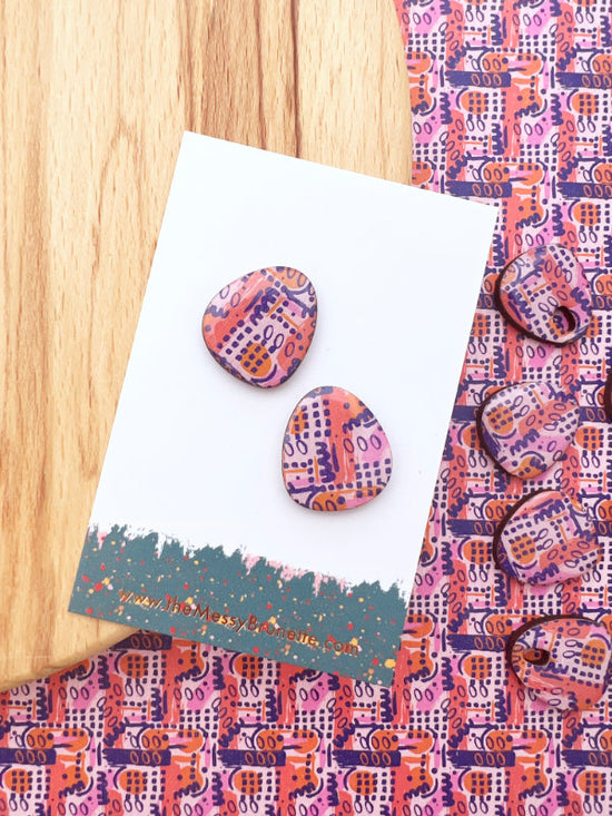 Large Statement Scribble Studs Earrings in Lilacs and Orange