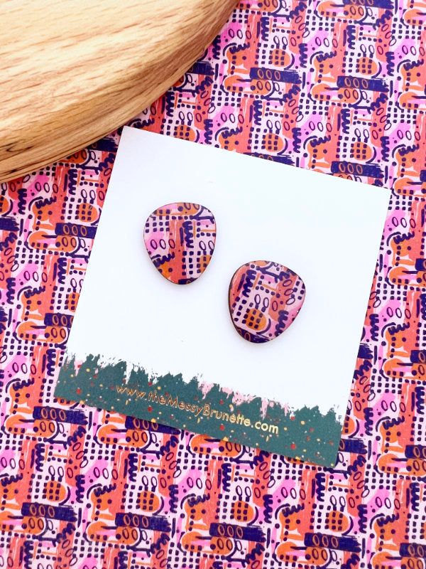 Large Statement Scribble Studs Earrings in Lilacs and Orange