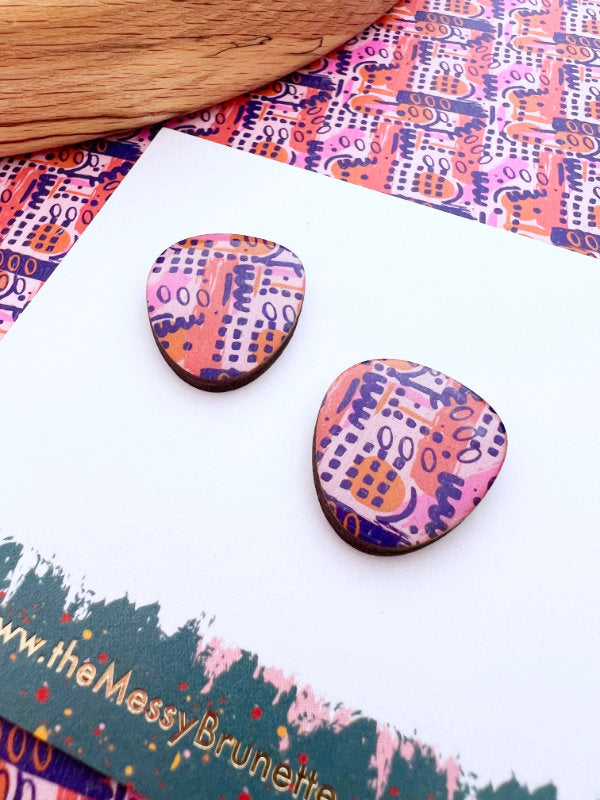 Large Statement Scribble Studs Earrings in Lilacs and Orange