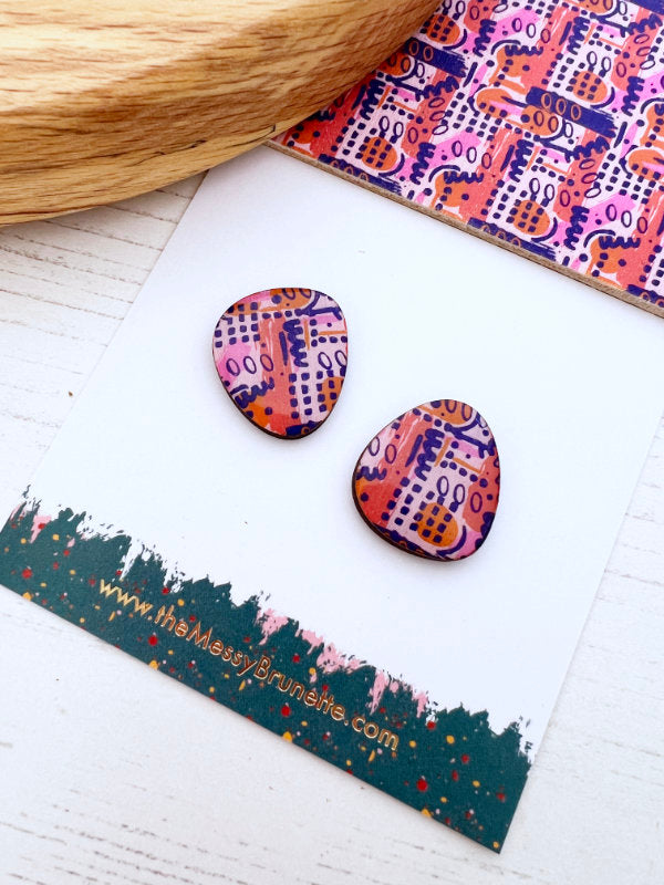 Large Statement Scribble Studs Earrings in Lilacs and Orange