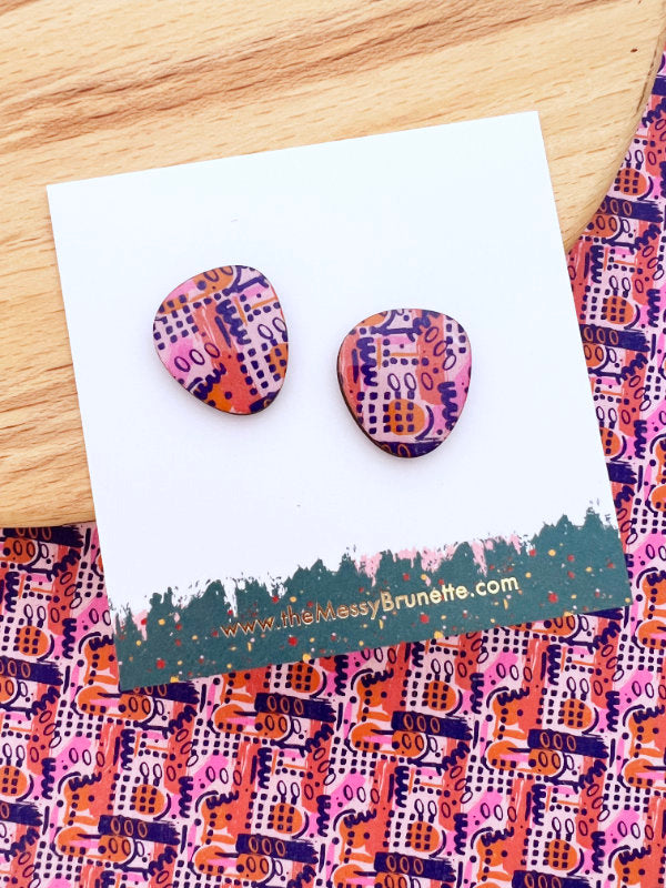 Large Statement Scribble Studs Earrings in Lilacs and Orange