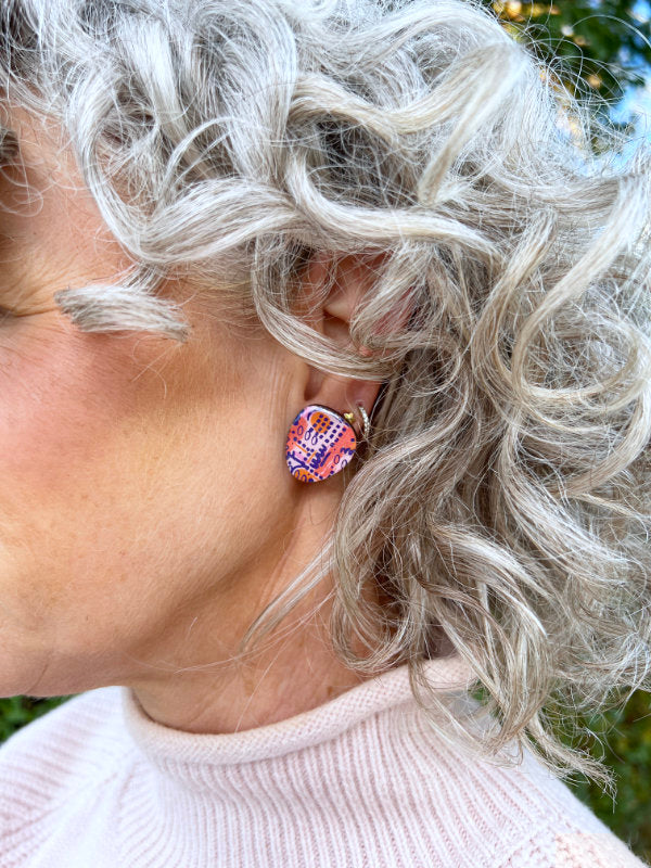 Large Statement Scribble Studs Earrings in Lilacs and Orange