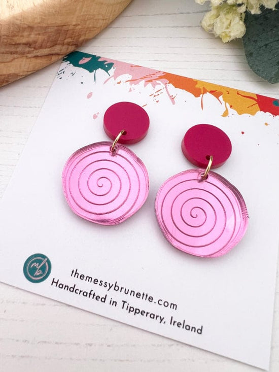 Load image into Gallery viewer, Colourful Swirl Earrings Earrings Pink Swirls on Raspberry Studs The Messy Brunette
