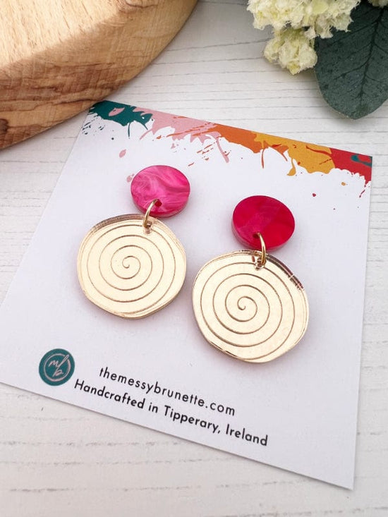 Load image into Gallery viewer, Colourful Swirl Earrings Earrings Gold Swirls on Marble Pink Studs The Messy Brunette
