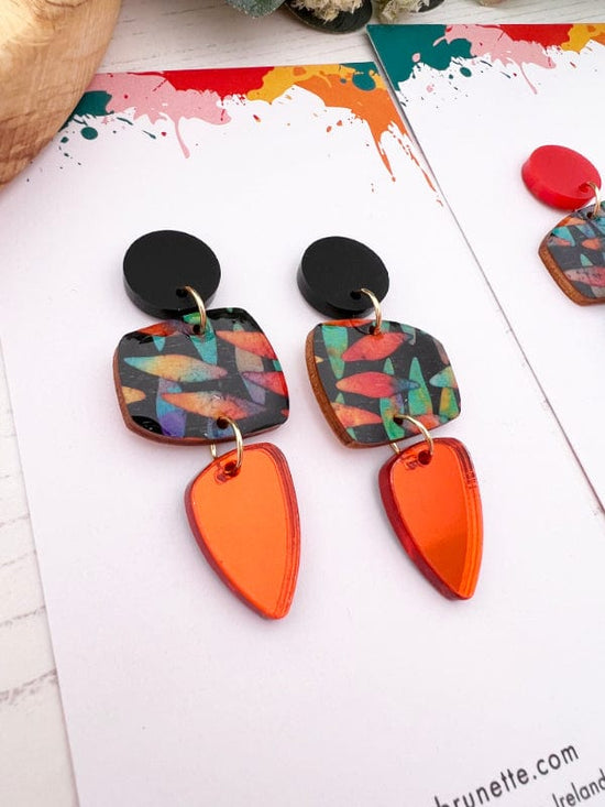 Load image into Gallery viewer, Long Drop Earrings in Black &amp;amp; Orange earrings Black Studs with Orange Drop The Messy Brunette
