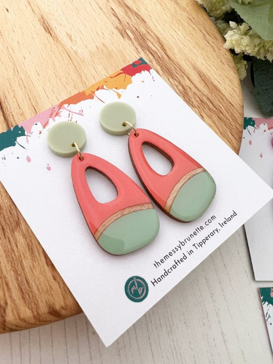 Load image into Gallery viewer, 2 Tone Hand Painted Earrings earrings Coral + Mint The Messy Brunette
