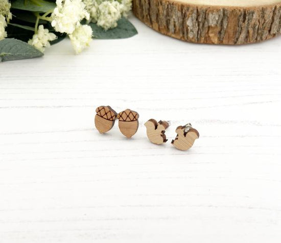Load image into Gallery viewer, Acorn &amp;amp; Squirrel Stud Earring Pack Laser Cut Studs Pack The Messy Brunette

