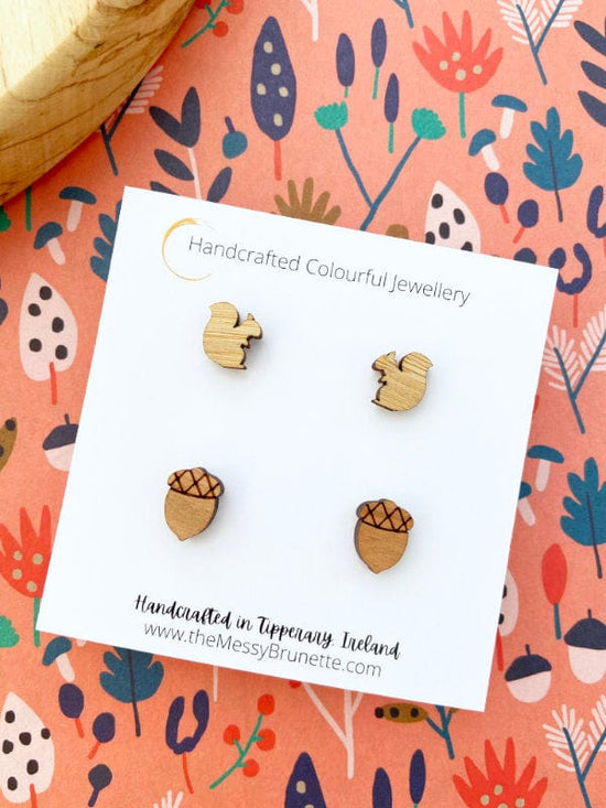 Load image into Gallery viewer, Acorn &amp;amp; Squirrel Stud Earring Pack Laser Cut Studs Pack The Messy Brunette
