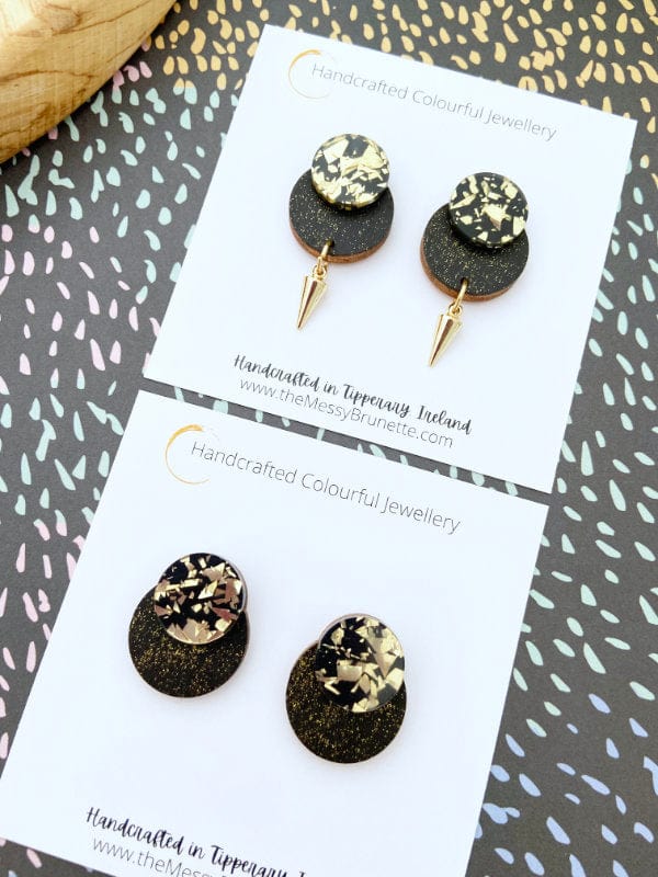 Load image into Gallery viewer, Black &amp;amp; Gold Glitter Round Dot Studs Lasercut Round Dots The Messy Brunette

