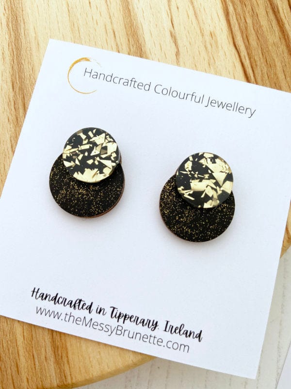 Load image into Gallery viewer, Black &amp;amp; Gold Glitter Round Dot Studs Lasercut Round Dots Gold Pair NO Spike The Messy Brunette
