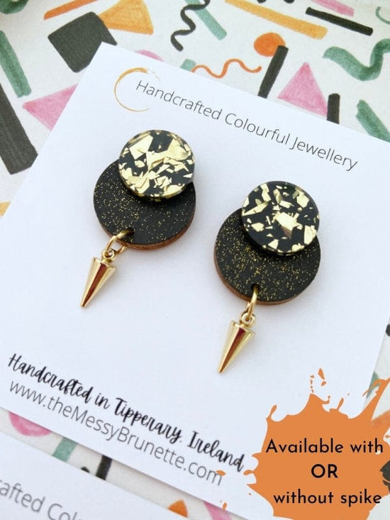 Load image into Gallery viewer, Black &amp;amp; Gold Glitter Round Dot Studs Lasercut Round Dots The Messy Brunette
