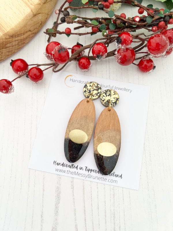 Load image into Gallery viewer, Black &amp;amp; Gold Statement Wood Earrings earrings the Messy Brunette
