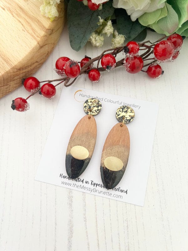 Load image into Gallery viewer, Black &amp;amp; Gold Statement Wood Earrings earrings the Messy Brunette
