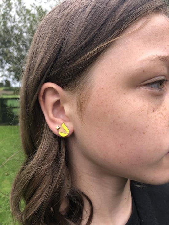 bright colourful everyday stud earrings on model