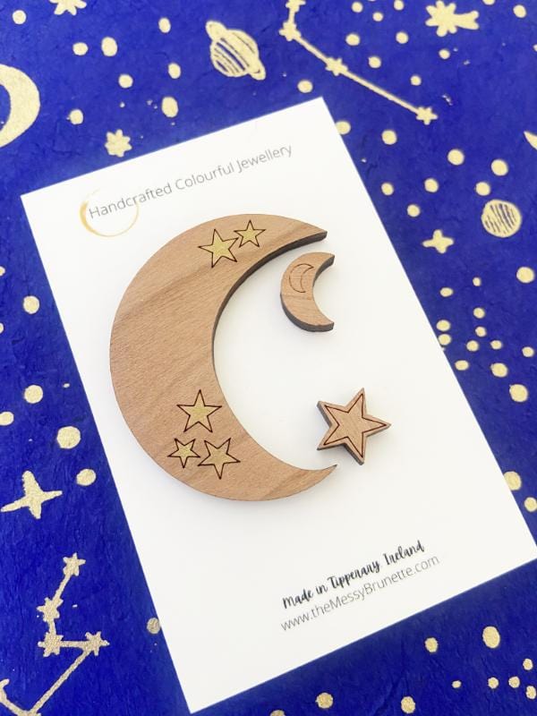 Celestial Jewellery Set | Moon Brooch Pin & Mini Studs