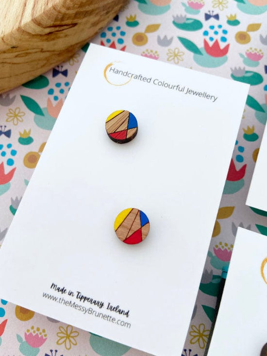 Colourful Everyday Geometric Stud Earrings Lasercut Small Studs Red, Yellow & Blue TheMessyBrunette