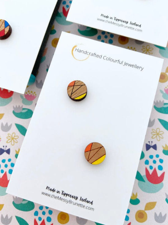 Load image into Gallery viewer, Colourful Everyday Geometric Stud Earrings Lasercut Small Studs Orange/Yellow TheMessyBrunette
