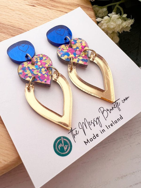 Load image into Gallery viewer, Colourful Heart Drop Earrings Earrings Mirrored Gold on Royal Blue Studs The Messy Brunette
