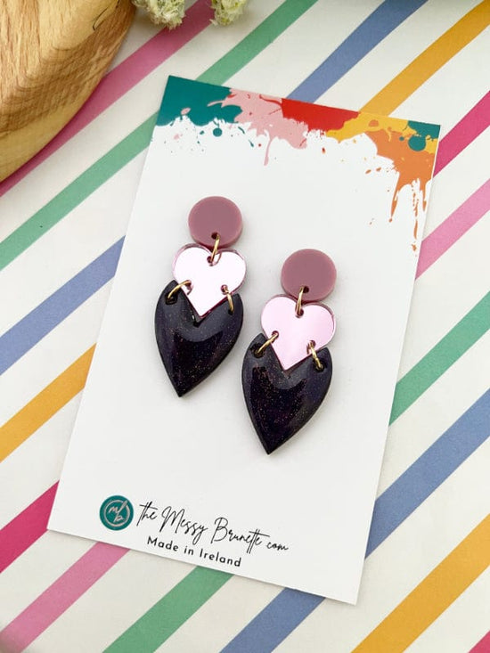 Load image into Gallery viewer, Colourful Heart Drop Earrings Earrings Glitter Violet Hearts on Pink Studs The Messy Brunette
