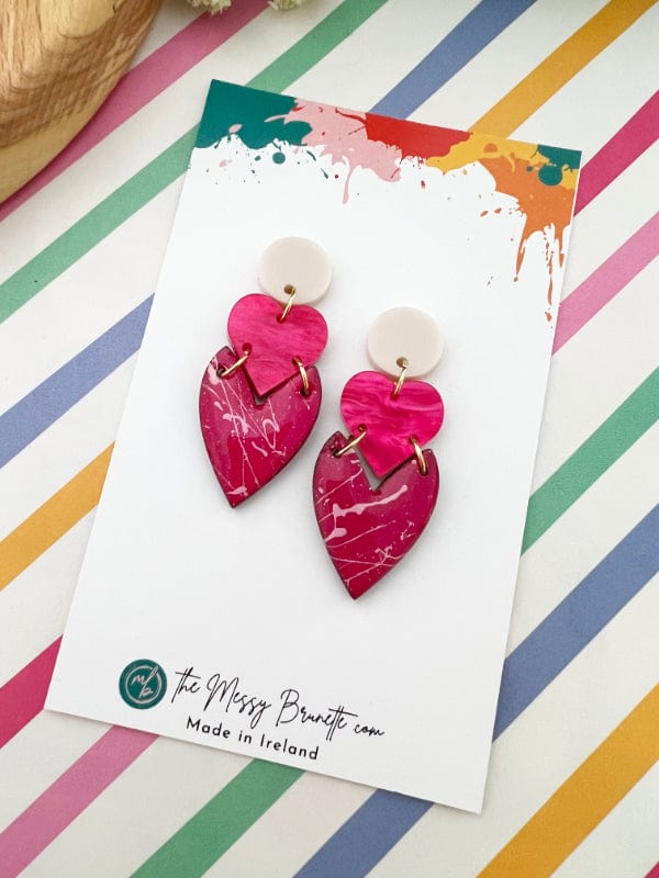 Load image into Gallery viewer, Colourful Heart Drop Earrings Earrings Pink Hearts on Linen Studs The Messy Brunette

