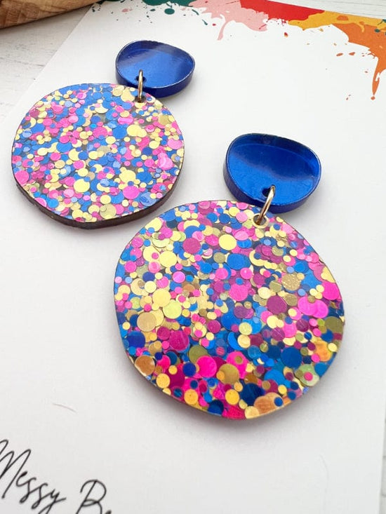 Disco Confetti Earrings Earrings Blue+Pink+Gold on Blue Studs The Messy Brunette