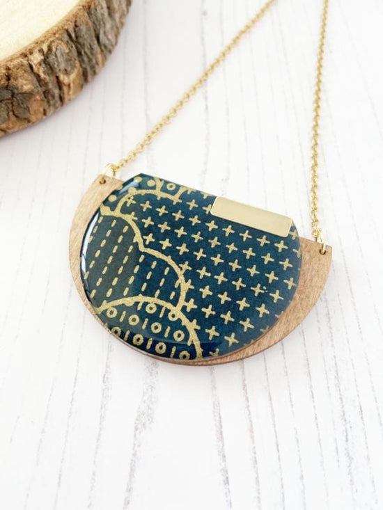 Chunky statement necklace.  Dots & Dashes Necklace, made with FSC birch and hand screened paper in navy with gold accents