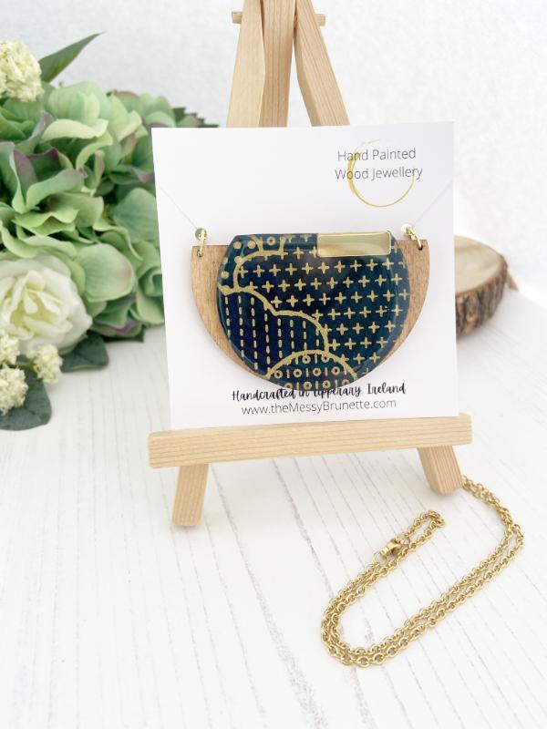 Dots & Dashes Statement Necklace, made with FSC birch and hand screened paper in navy with gold accents