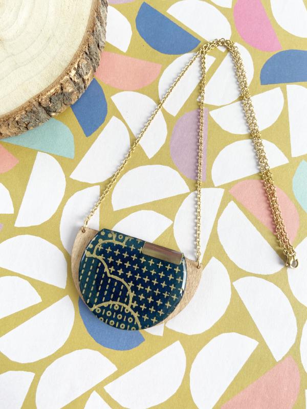 Chunky statement necklace. Dots & Dashes Necklace, made with FSC birch and hand screened paper in navy with gold accents