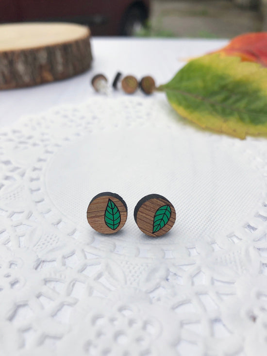 Load image into Gallery viewer, Wooden Leaf Stud Earring hand painted in various colours
