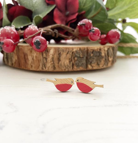 Load image into Gallery viewer, Eco Friendly Wooden Robin Stud Earrings
