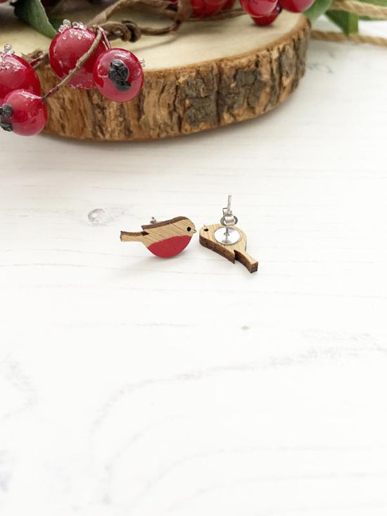 Load image into Gallery viewer, Eco Friendly Wooden Robin Stud Earrings
