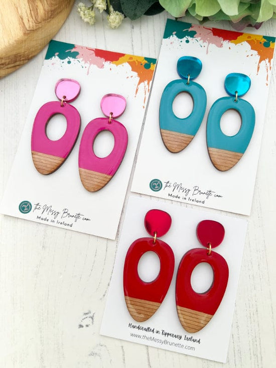 Load image into Gallery viewer, Large Oval Wood Earrings in Red, Pink, Blue &amp;amp; Mustard Earrings The Messy Brunette
