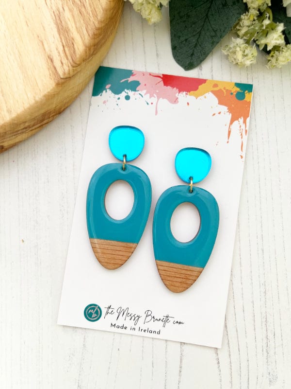 Load image into Gallery viewer, Large Oval Wood Earrings in Red, Pink, Blue &amp;amp; Mustard Earrings Turquoise Blue The Messy Brunette
