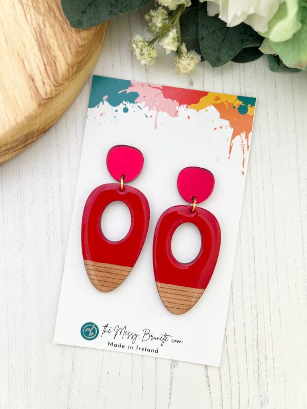 Load image into Gallery viewer, Large Oval Wood Earrings in Red, Pink, Blue &amp;amp; Mustard Earrings Lush Red The Messy Brunette
