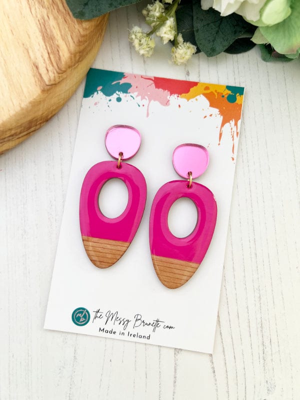 Load image into Gallery viewer, Large Oval Wood Earrings in Red, Pink, Blue &amp;amp; Mustard Earrings Fuschia Pink The Messy Brunette
