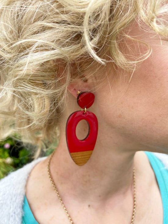 Load image into Gallery viewer, Large Oval Wood Earrings in Red, Pink, Blue &amp;amp; Mustard Earrings The Messy Brunette
