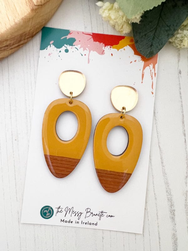 Load image into Gallery viewer, Large Oval Wood Earrings in Red, Pink, Blue &amp;amp; Mustard Earrings Mustard The Messy Brunette
