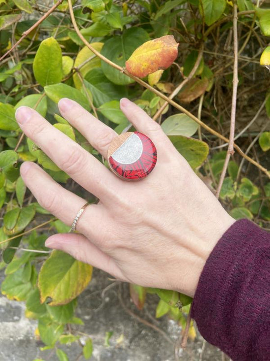 Large Statement Cocktail Ring in Red & Black, handmade from birch plywood and finished with resin