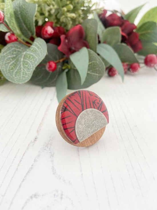 Large Statement Cocktail Ring in Red & Black, handmade from birch plywood and finished with resin