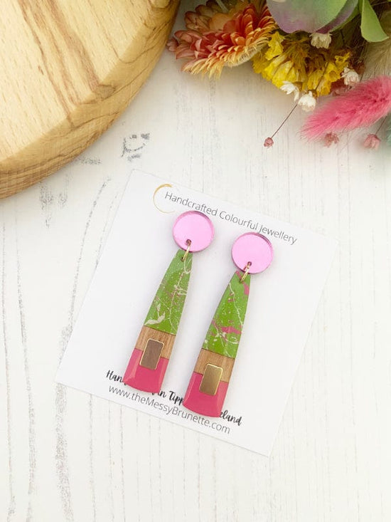 Long Wood Bar Earrings earrings Green + Pink with Pink Studs The Messy Brunette