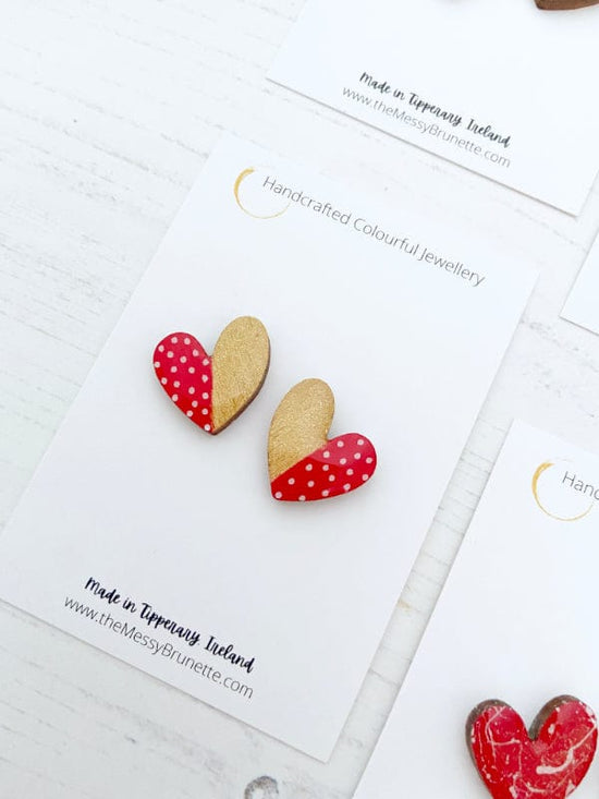 Load image into Gallery viewer, Lopsided Heart Stud Earrings Earrings Red Dots + Gold TheMessyBrunette
