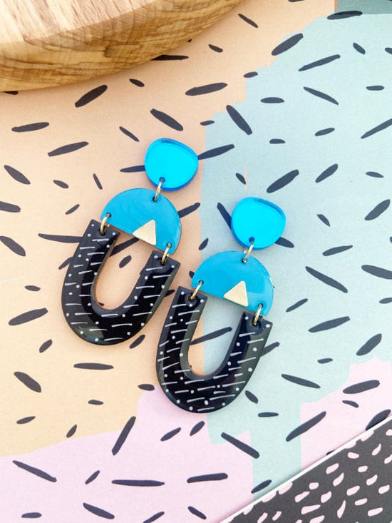 Load image into Gallery viewer, Monochrome Statement Earrings Lasercut U Shape Black &amp;amp; Blue with Blue Studs The Messy Brunette
