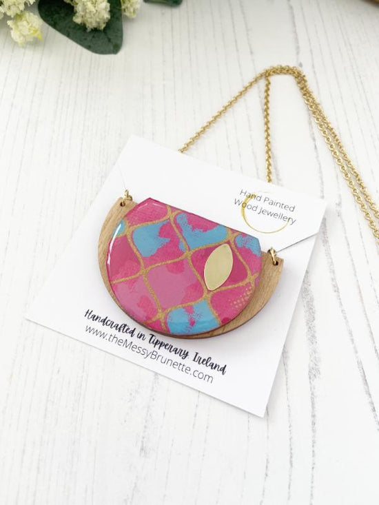 Colourful Moroccan style handmade necklace in shades of bright pink & blue with shimmery gold 