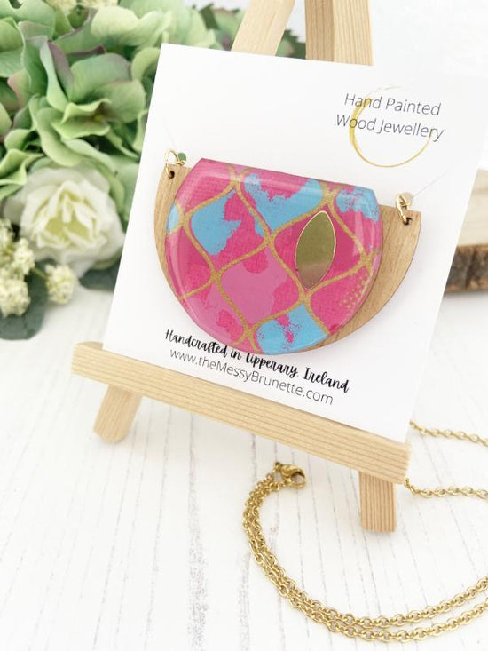 Colourful Moroccan style handmade necklace in shades of bright pink & blue with shimmery gold 